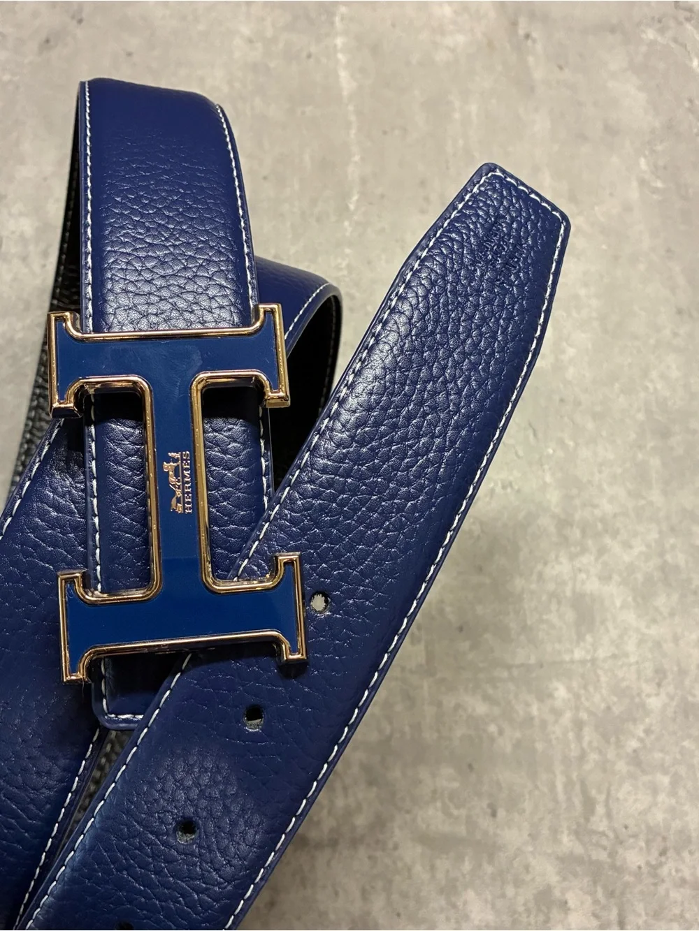 Class Royal Blue Men's Leather Belt with H Gold Metal Buckle